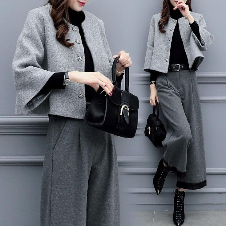 Women's Autumn  Winter Plus Size Two-piece Pants Woolen Short Jacket Wide-leg Pants Casual Fashion Suit