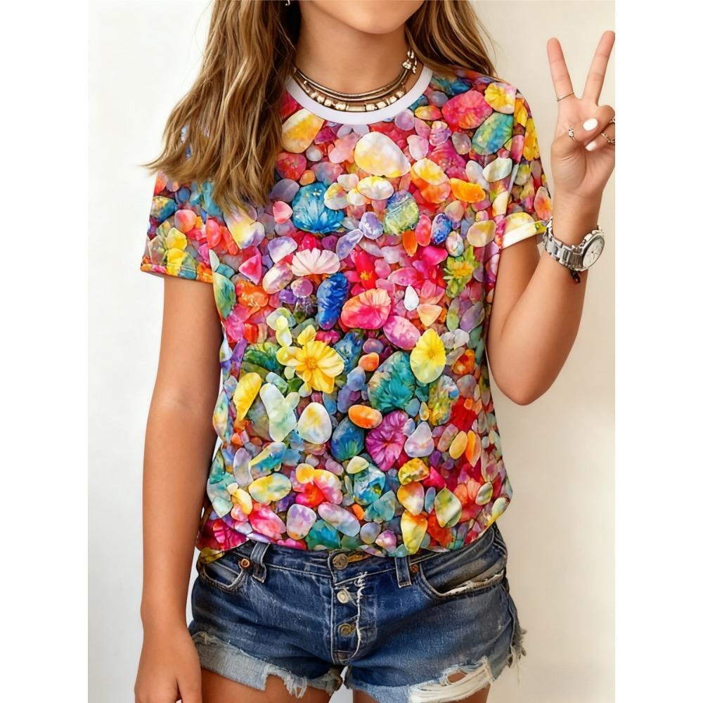 Kinder 3D-Druck Wassertropfen Regenbogenfarben T-Shirts Mädchen Herz Steine Mode Weiche Bequeme T-Shirts Kinder Top