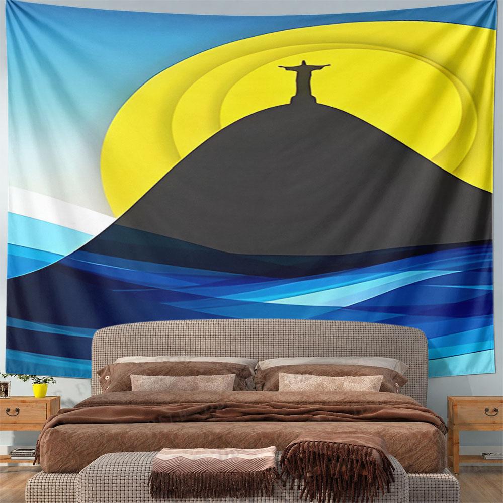 Rio Statue Silhouette with Sunset Pattern Wall Hanging Tapestry Decorative Tapestry Home Decor for Bedroom and Living Room