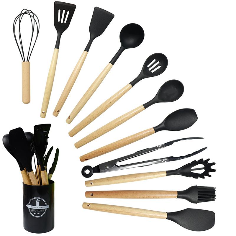 12-Piece Eco-Friendly Kitchen Utensil Set Wooden Handles Silicone Cooking Shovel Spoon Food Safe Microwave Kitchen Gadget Tools