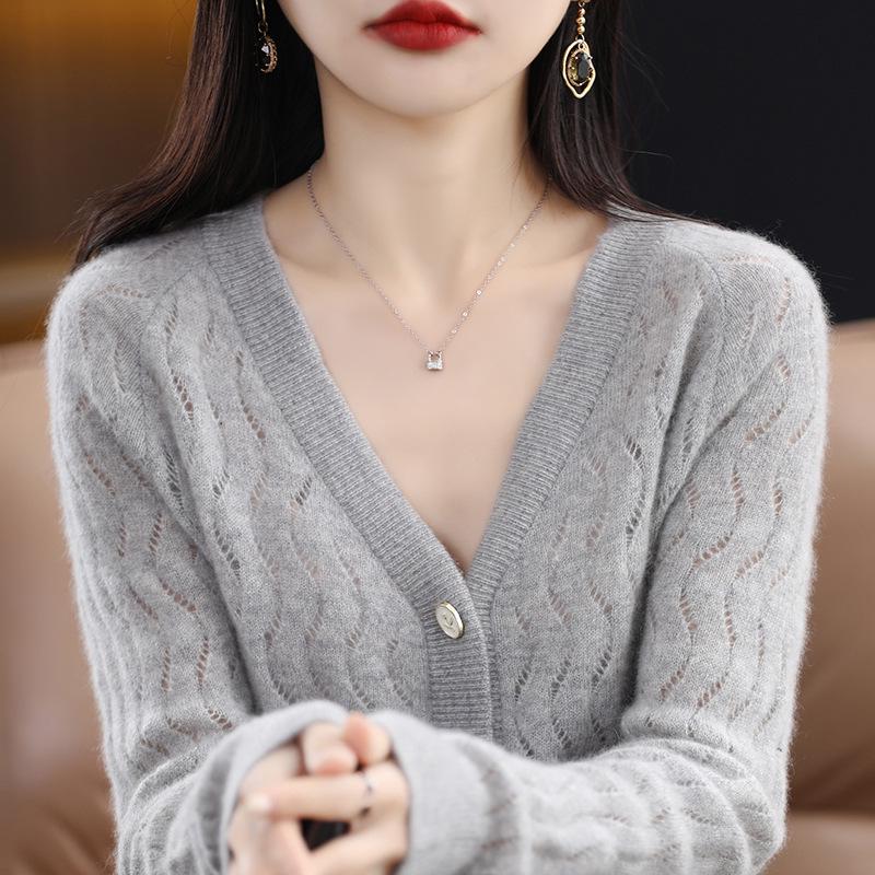 100% Pure Wool V-Neck Jacquard Cashmere Cardigan for Women - Early Spring Collection