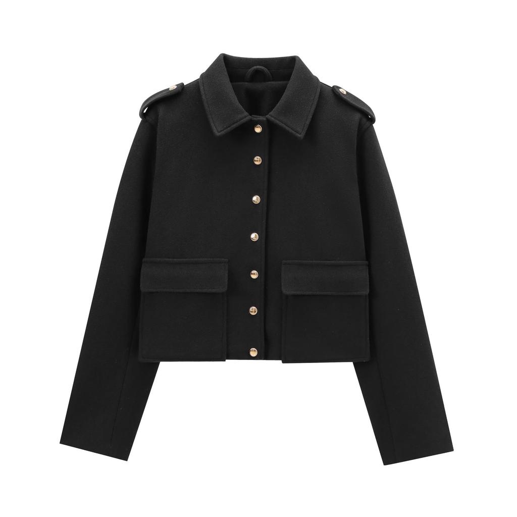Navy-Style Gold Button High-Waisted Autumn Jacket for Women