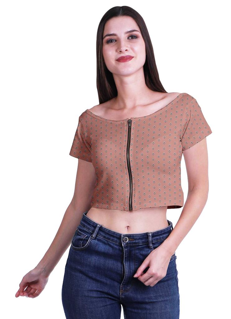 Moomaya Printed Boat Neck Womens Sexy Summer Tops Zip Front Viscose Crop Top