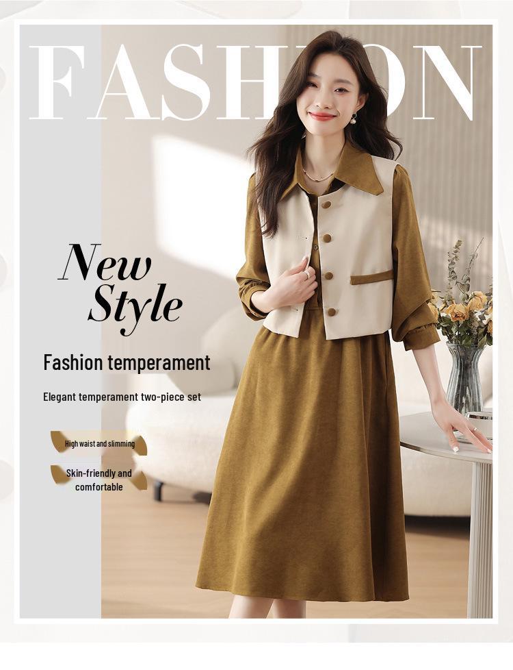 Women's Popular Melard Style Autumn Dress Set: Long Sleeve Vest & Shirt Two-Piece