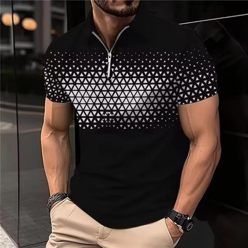 Men lapel half zip short sleeve polo shirt gradient diamond grid print slim fit casual daily golf outdoor top