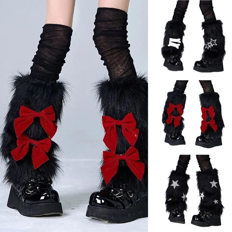 Plush Furry Leg Warmers Socks for Women Girls Sweet Bowknot Star Winter Boot Toppers Leg Covers for Christmas Festivals