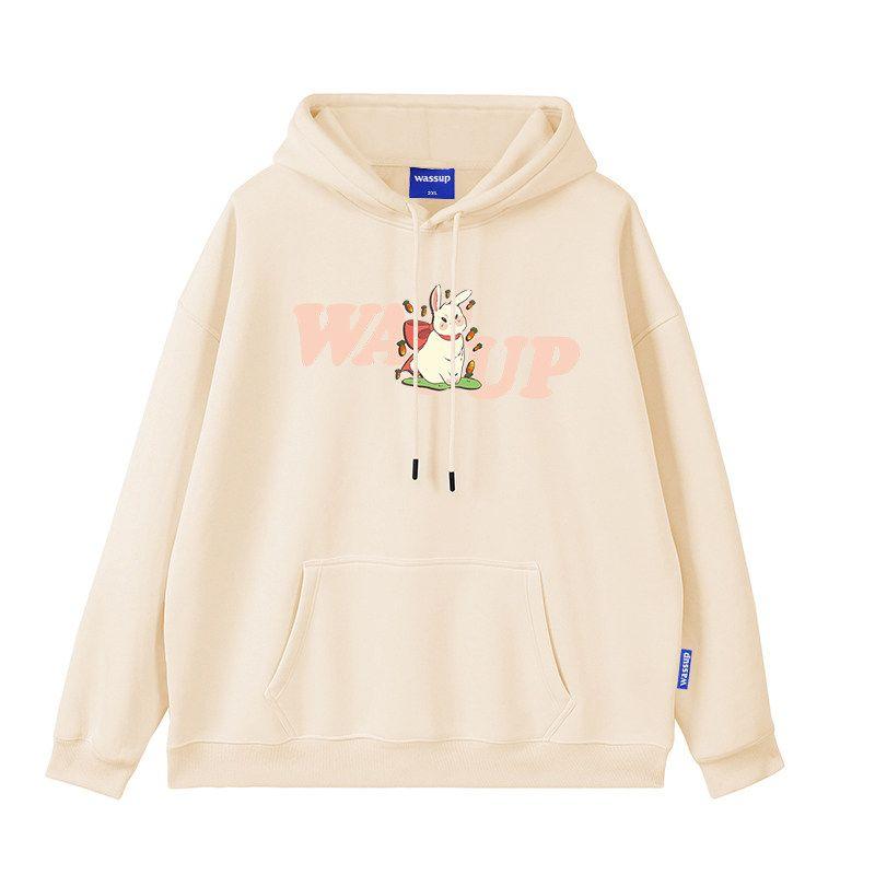 Wassup Rabbit Trendy Brand Hooded Sweatshirt for Men, New Autumn and Winter Loose Fit, Fleece-Lined, Couple Style Casual Top Jacket