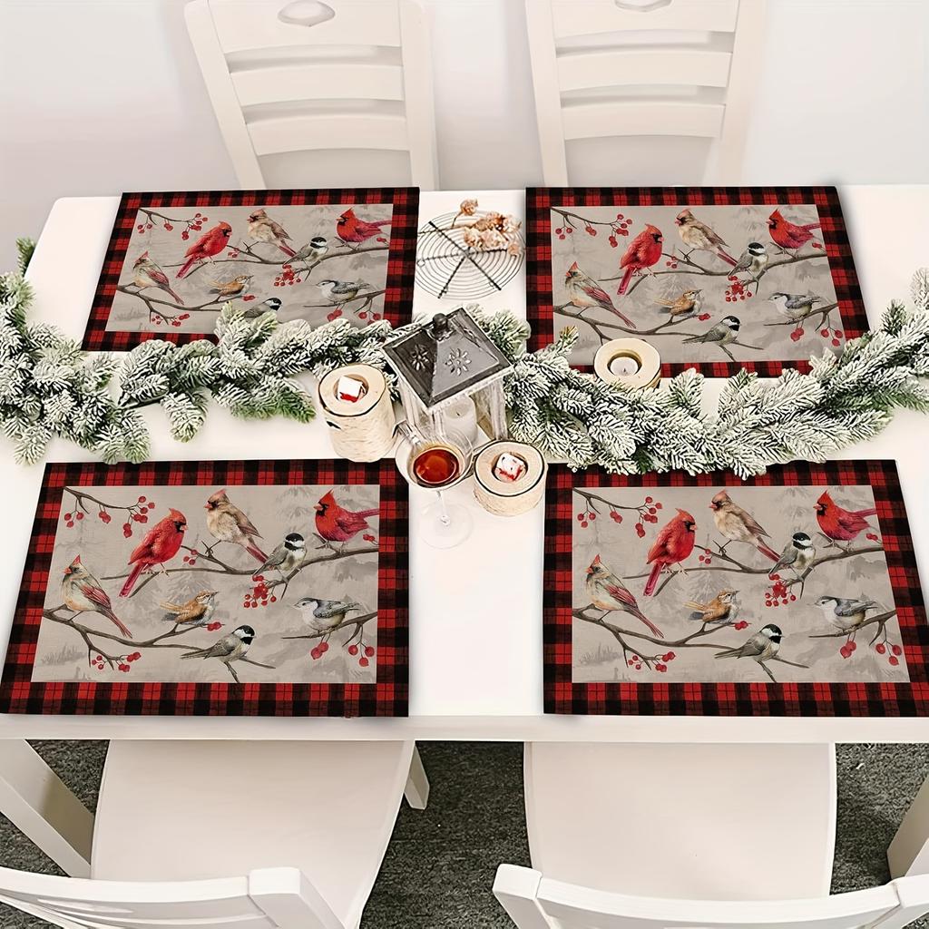 1-Pack Vintage Bird Branch Plaid Linen Placemats,Christmas Farmhouse Holiday Party Decor, Red Buffalo Plaid Design