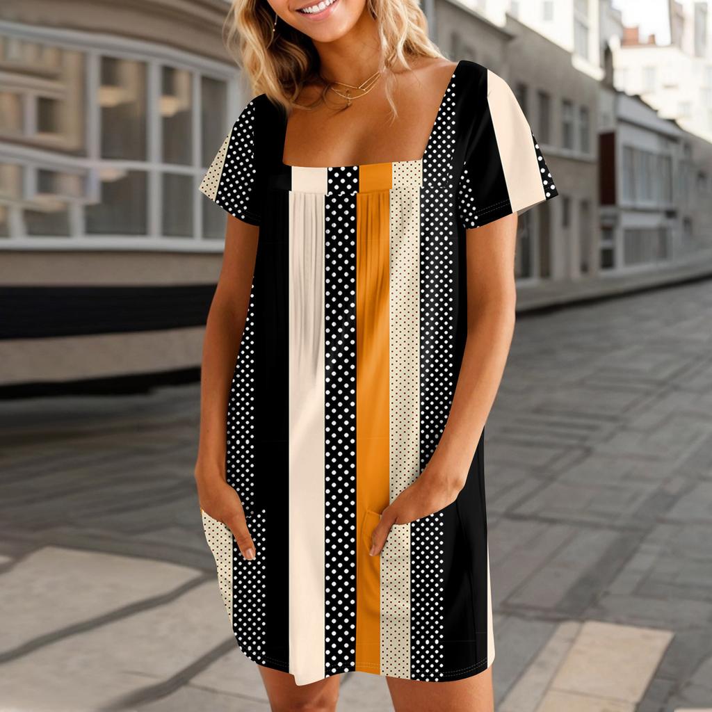 Women's Summer Casual Square Neck Pleated Front With Pocket Printed Short Sleeve Dresses
