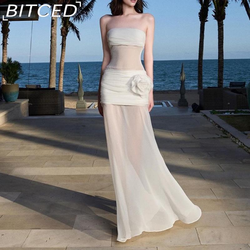 

BITCED Summer Women s Solid-Color Slim-Fit Fashion Off-the-Shoulder Strapless Backless Dress L белый
