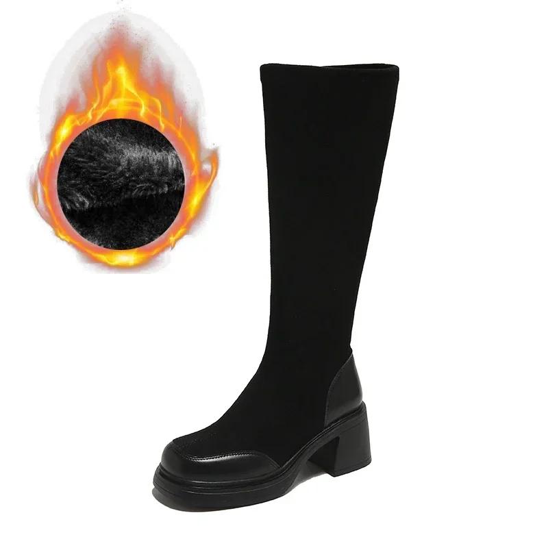 Warm Cotton Women Stretch Knee High Boots Fashion Elegant Modern Slim Long Booties Autumn Winter Laides Slip on Shoes