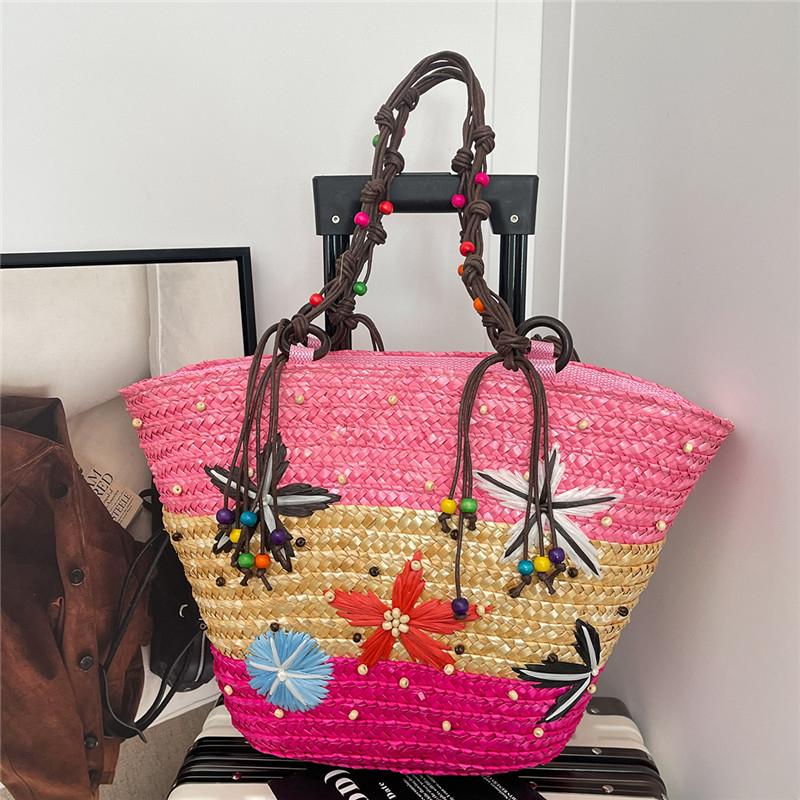 2026 New Bohemian Starfish Straw Tote Bag Women Beaded Handle Large Capacity Shoulder Bag Summer Beach Vacation Travel Handbag