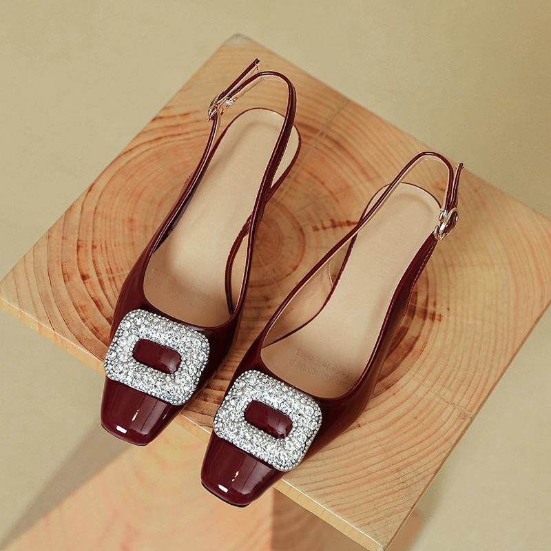 French Square Head High Heels Stiletto New Summer Empty Single Shoes Medium Heel Patent Leather Red Word with Bag Head Sandals