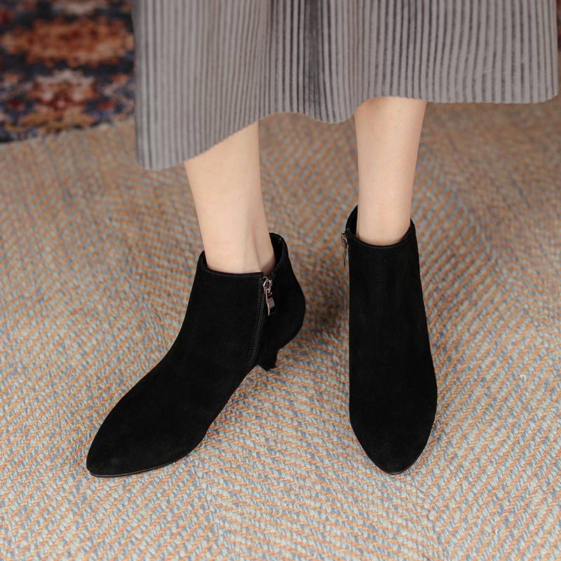 Krazing Pot Cow Suede Winter Round Toe Med Thin Heels Modern Boots Women Big Size 43 Zipper Basic Clothing Ankle Boots