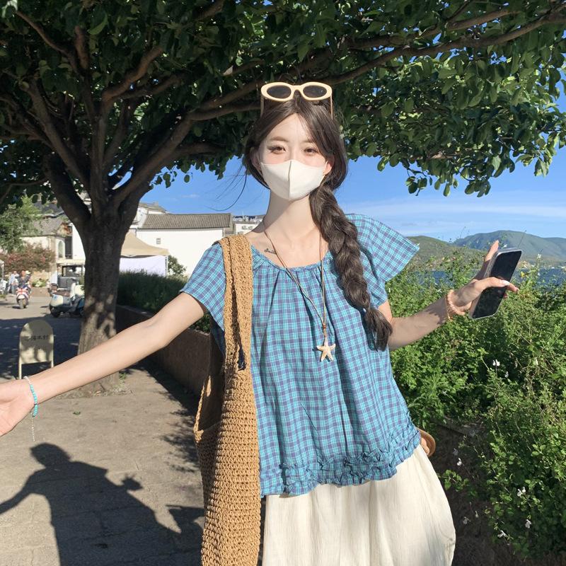 

Летний нежный темперамент ретро клетка кружево омолаживающий круглый вырез футболка с короткими рукавами топ универсальная свободная рубашка L