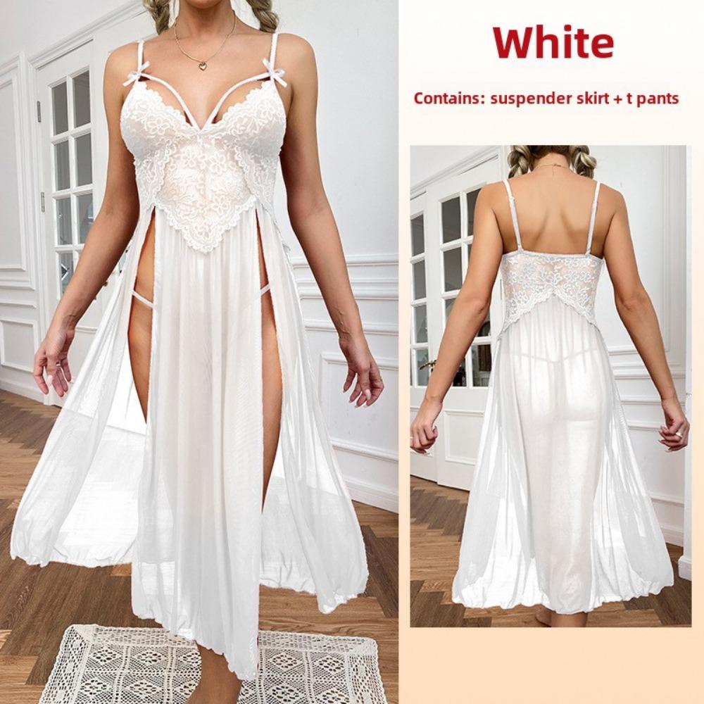 Large Size Sexy Mesh Deep V Lace Pajamas Side Split Suspender Skirt Extended Loungewear Nightdress