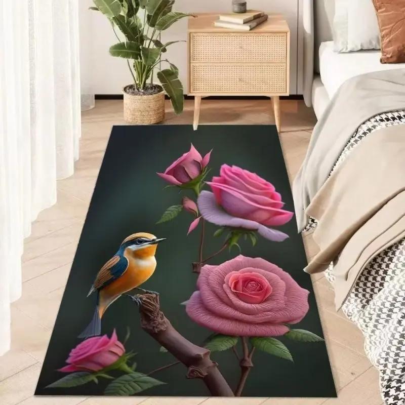 Botanical Flower Decoration Carpet Cartoon Bird Modern Carpet for Living Room Bedroom Decor Bedside Floor Mat Anti Slip Washable