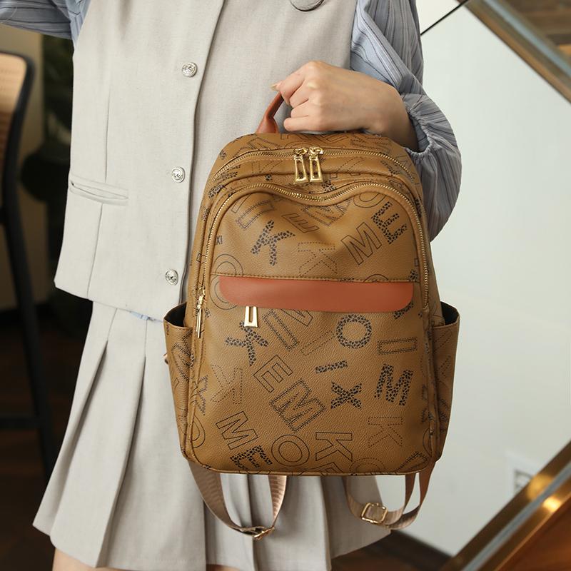Leather Women Letter Printed Backpack Student Schoolbag Large Capacity Travel Bags