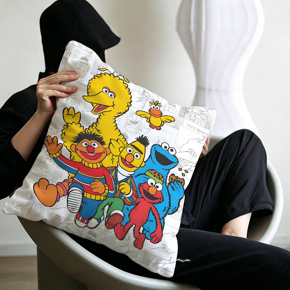 S-Sesame Street TV Cute Cartoon Pillow Covers Cartoon Sofa Decorative Home Double-sided Printing Short Plush Cute Cushion Cover