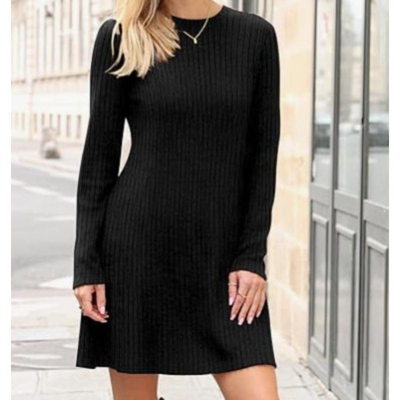 JKASHDK Women's Fashion Spring Fall Solid Color Print Long Sleeve O-Neck High Waist  Casual Dresses