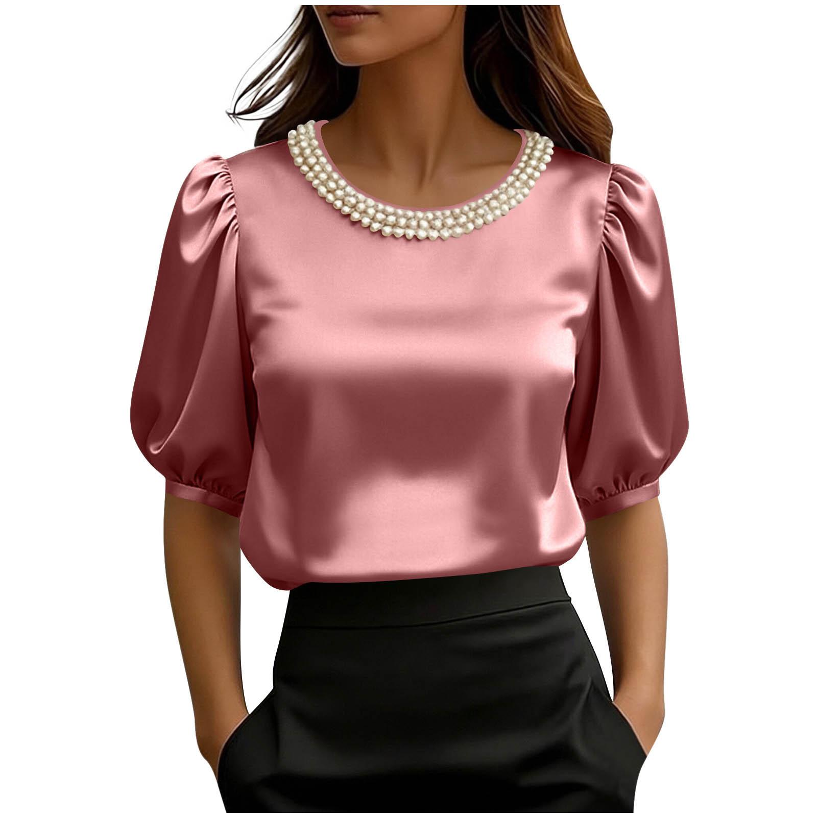

Women s Fashionable Loose-Fit Satin Short-Sleeve T-Shirt With Pearl Collar XL