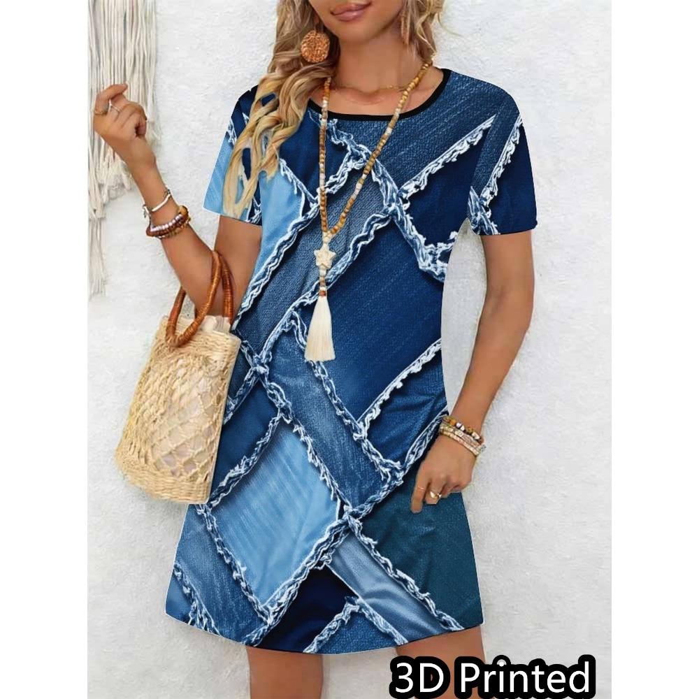 3D Plaid Patchwork Vintage Dress Retro Checkered Print Dress Women's Fashion Dress Vestidos