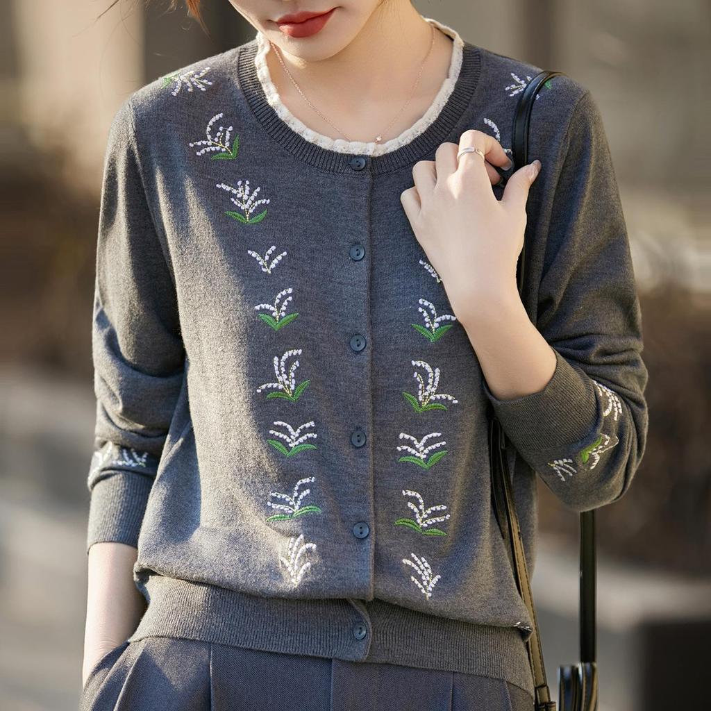 Color Block Wool Embroidered Round Neck Cardigan - Casual Long Sleeve Knit Pullover