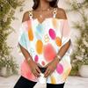 Women Plus Size Off Shoulder V Neck Short Sleeve Blue Black Abstract Print Loose Blouse