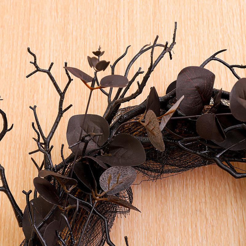 Halloween Wilt Wreath Artificial Flower Black Rose Decoration Wreath Door Hanging Festive Arrangement Rattan Ring Wall Hanging