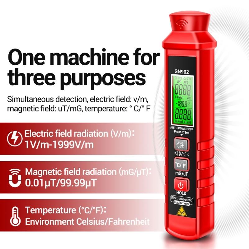 3 in 1 Digital Display Electromagnetic Radiation Detector Measure Electric Magnetic Temperature with Sound Light Alarms