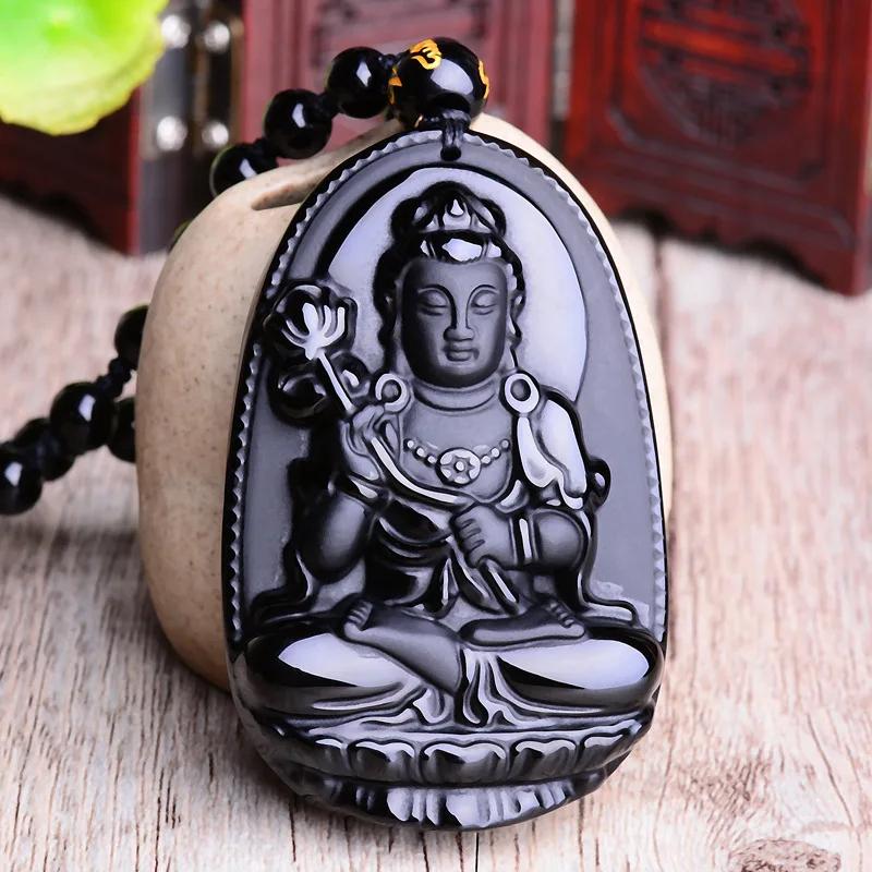 Vintage Retro Buddha Black God Rhinestone Obsidian Pendant Necklace Chain Unisex Men Women Fashion Gothic Amulet Talisman Jewelry Party Gift