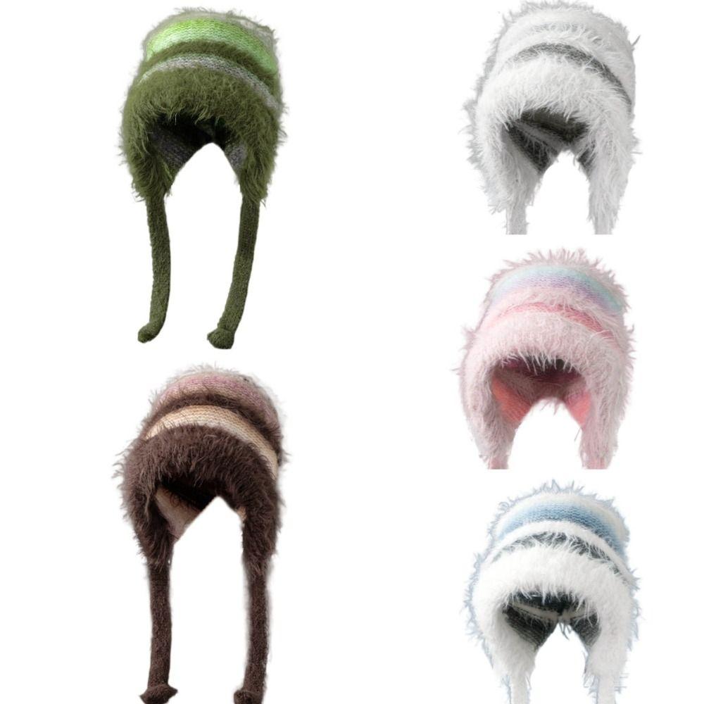 Color Ccollision Knitted Hat Color Matching Lace-up Plush Hat Fashionable Woolen Hat  Women