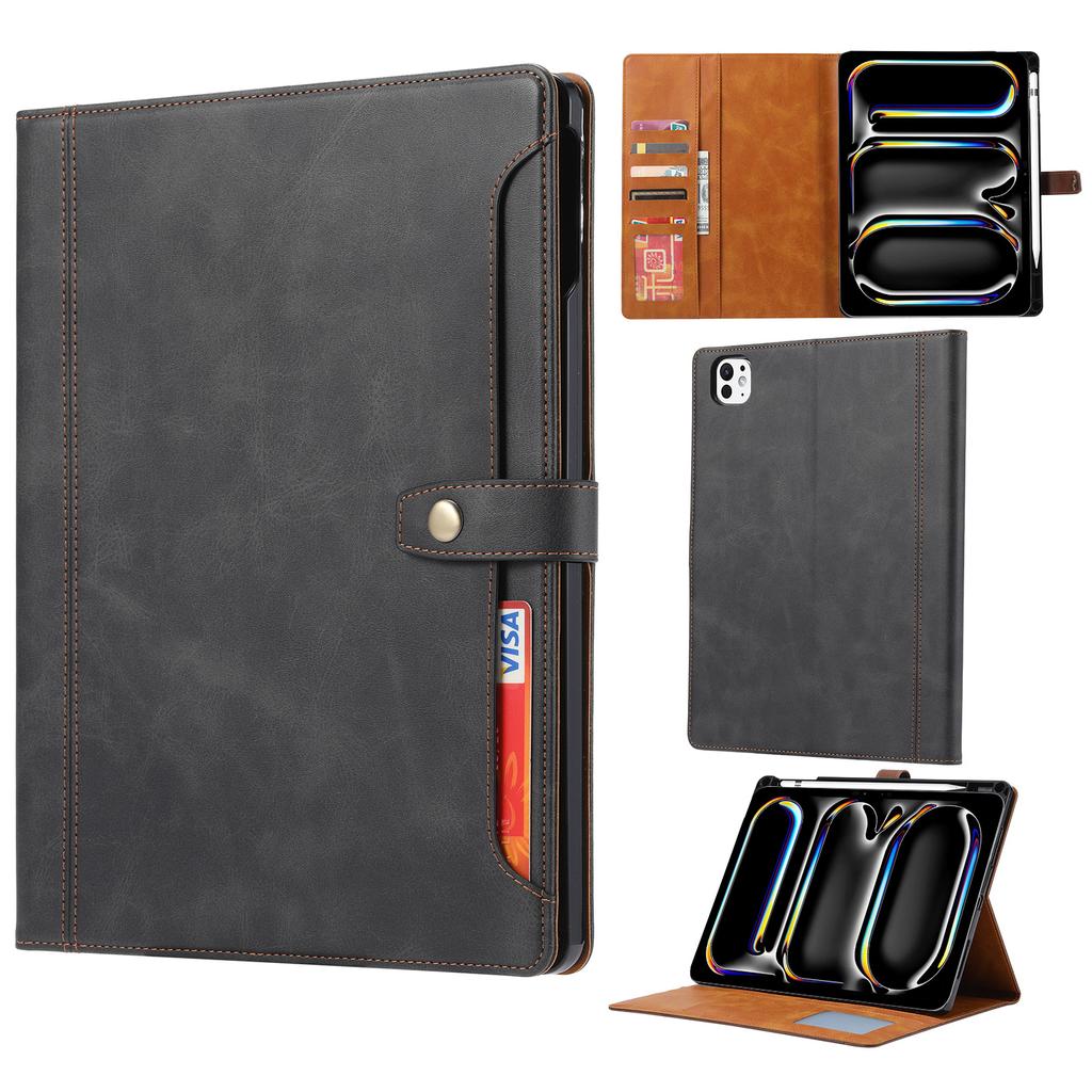 Für iPad Pro 13 (2024) Hülle Äußeres Kartenfach Leder Geldbörse Tablet-Hülle mit Auto-Wake/Sleep