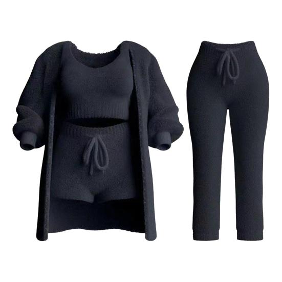4 Pcs/Set Women Vest Shorts Coat Pants Set Long Sleeve Thick Coat Round Neck Sleeveless