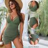 Women's One Piece Swim Dress V Neck Tummy Control Slimming Swimsuit Mesh Sheer Wrap Bathing Suit for Beach Vacation