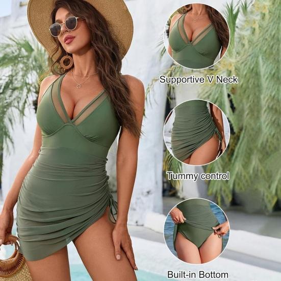 Women's One Piece Swim Dress V Neck Tummy Control Slimming Swimsuit Mesh Sheer Wrap Bathing Suit for Beach Vacation