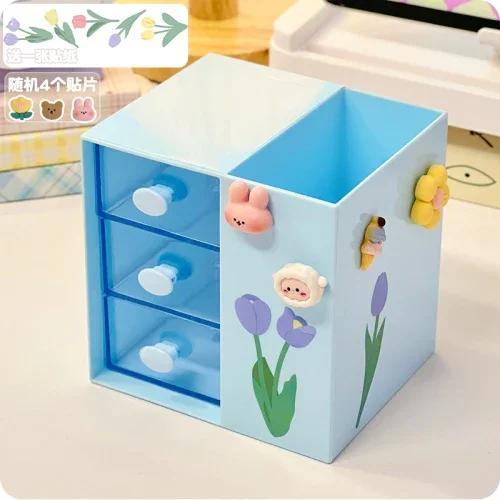 Kawaii Desk Pen Holder Pencil Storage Box Desktop Stationery Ins Organizing Box Cute Drawer Pen Holder MultiFunctional Organizer