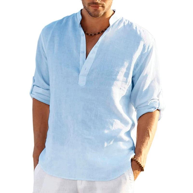 T-shirt di Lino da Uomo Top Largo Tinta Unita Maniche Lunghe Camicia di Cotone Lino