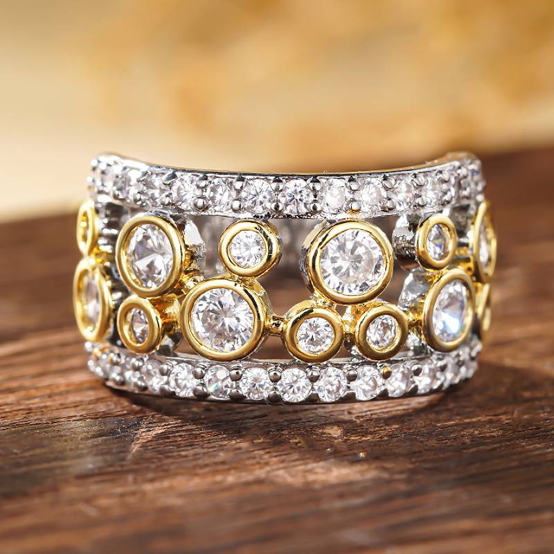 

Huitan Women Ring Hollow Design Fashion Luxury Party Two Tone Accessories Wedding Charming Noble Zircon Inlaid Sparkling CZ 8
