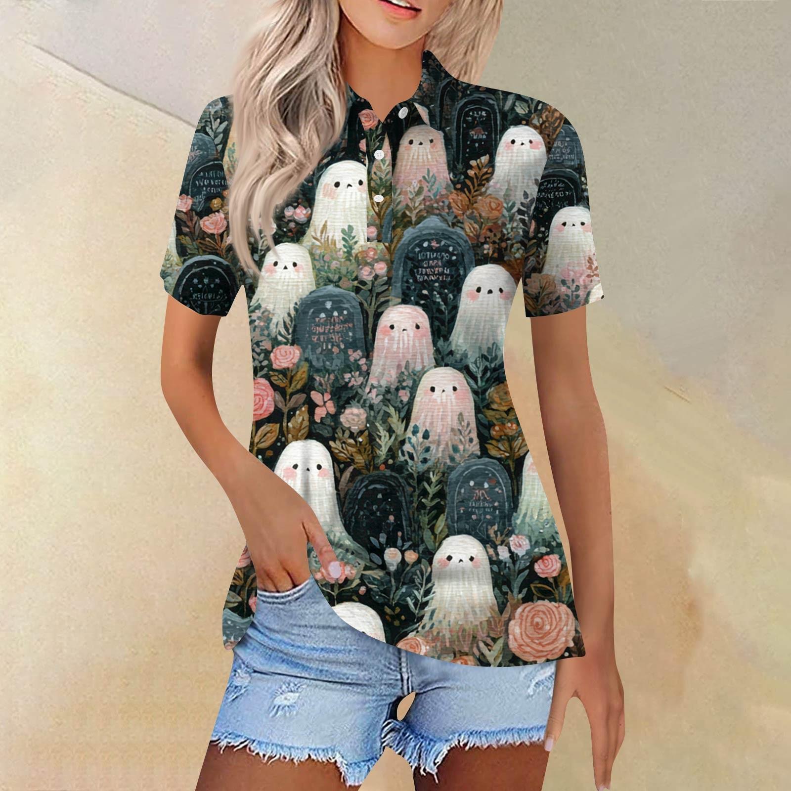

Women s Fashion Casual Lapel Short Sleeve Printed Shirt Women s Button Up Tops M білий
