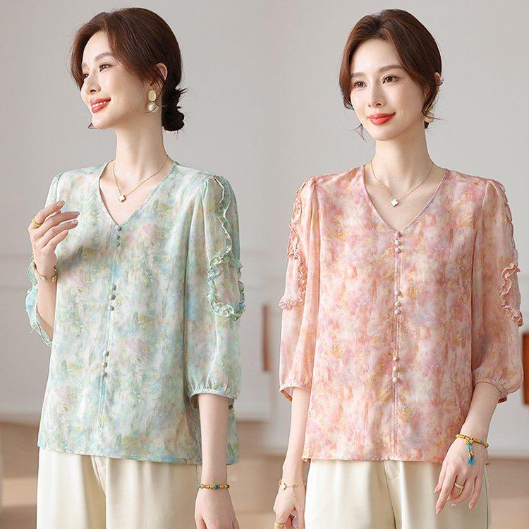 Elegantes Chiffon-Oberteil mit Sieben-Viertel-Ärmeln für Frühling/Sommer für Frauen mittleren und höheren Alters