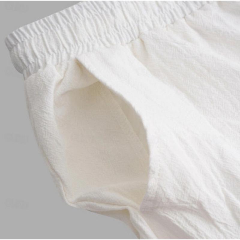 Cotton and Linen Nine Cropped Pants Beach Pants Pocket Drawstring Elastic Waist Solid Color Comfortable and Breathable  Men’s Casual Pants