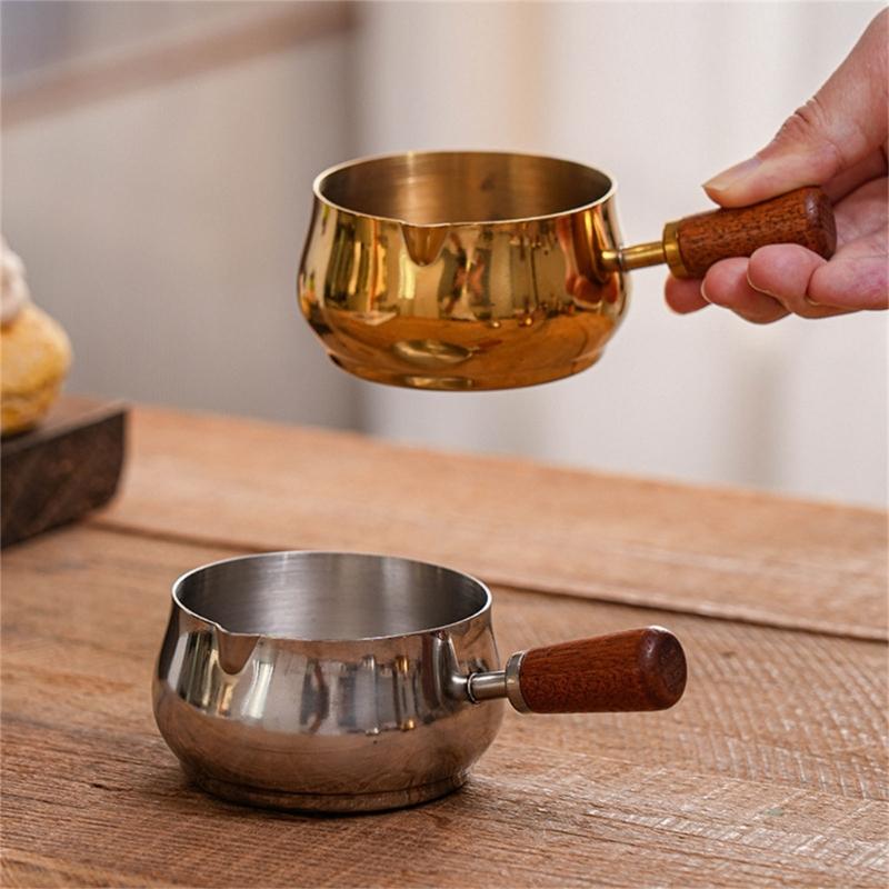 Stainless Steel Pouring Cups With Wooden Handle Stackable Dip Saucers For Heating Butter And Preparing Coffee