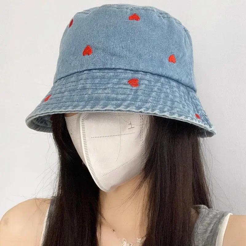 Embroidered Heart Women Bucket Hat Summer Jeans Fisherman Hats Denim Ladies Girl Outdoor Travel Sunshade Basin Cap
