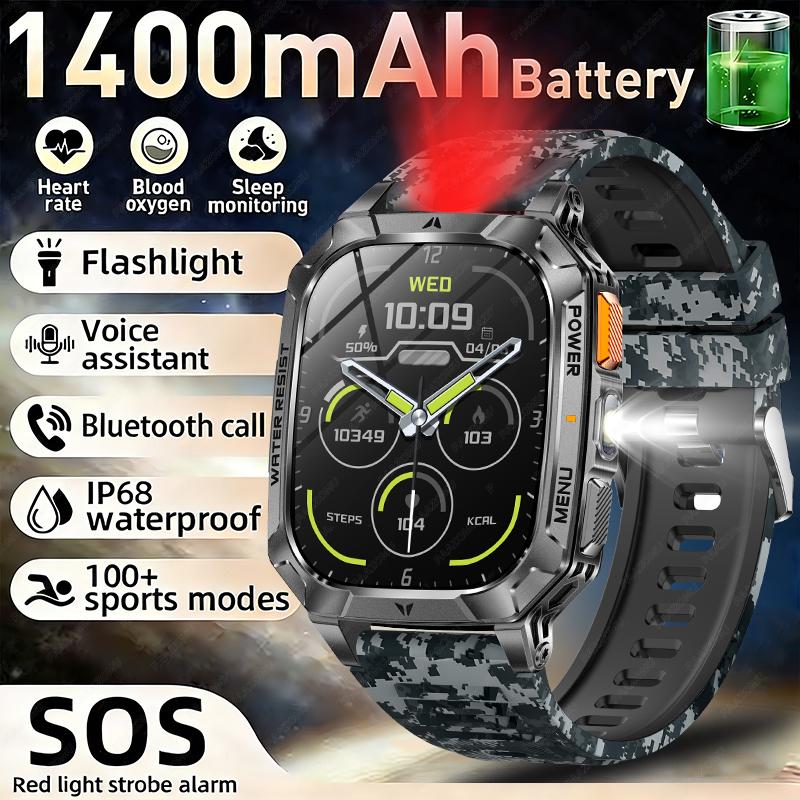 New Rugged Military Smart Watch Men 1400 mAh battery 2.01inch Bluetooth Call Health monitoring device LED flashlight Smart watch