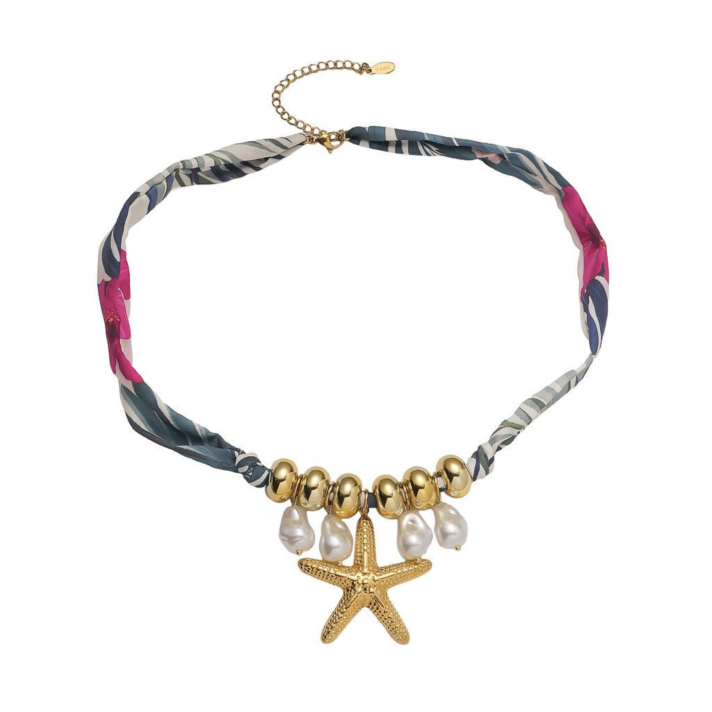 Silk scarf necklace Stainless steel starfish pearl necklace Ladies niche high-end color cloth strips braided rope collarbone chain