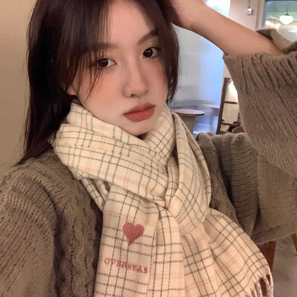 Sweet Plaid Retro Scarf Korean Style Student Versatile Warm Embroidered Love Cute Tassel Scarf Women's Winter Trend