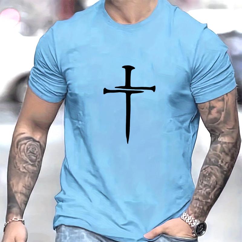 Cotton short sleeved men's T-shirt with cross pattern printed on it, men's summer outdoor clothing, daily style, fashionable and