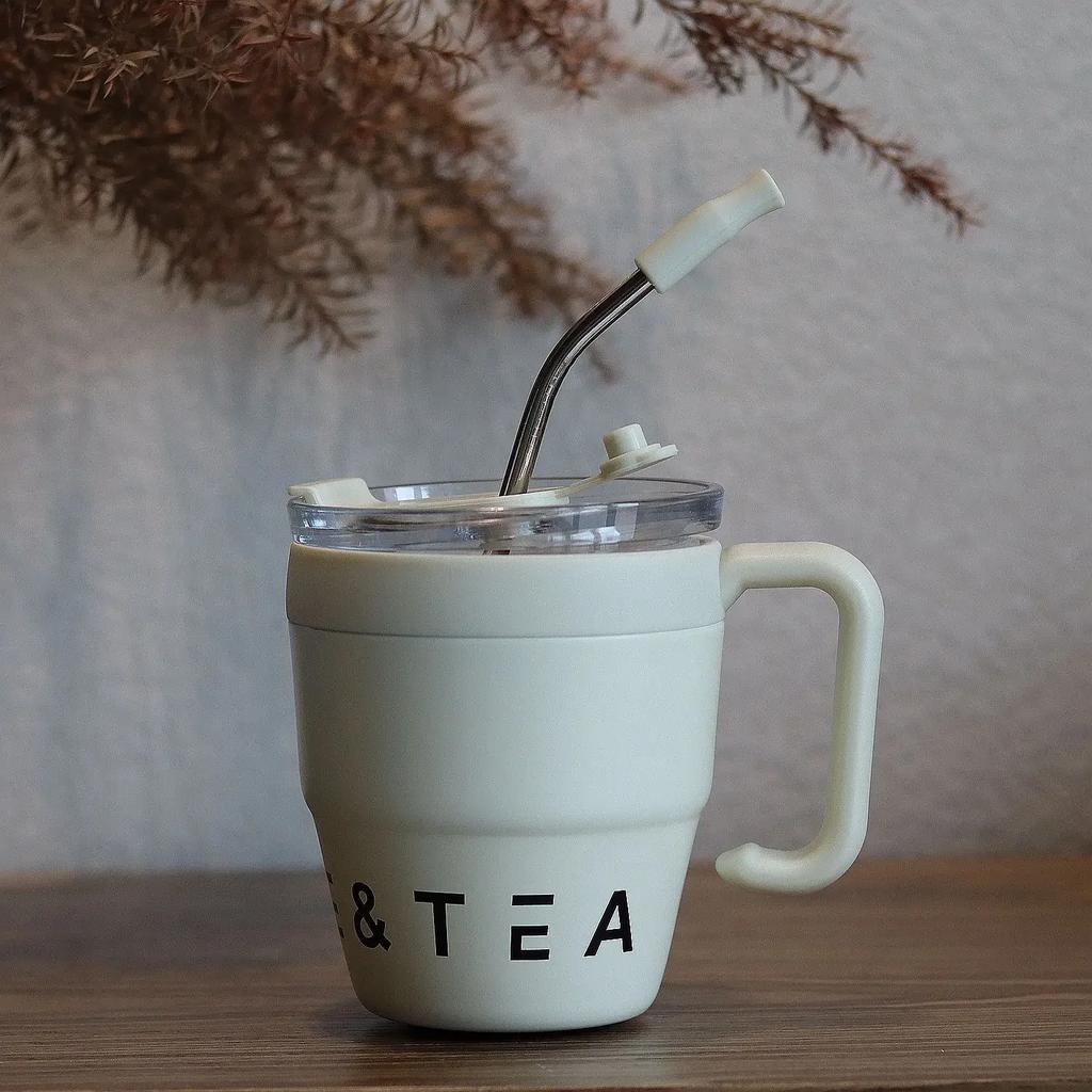 480ml Stainless Steel Portable Coffee Cups with Straw and Lid Portable Office Home Water Bottles Thermos Mug Drinkware Tea Cup