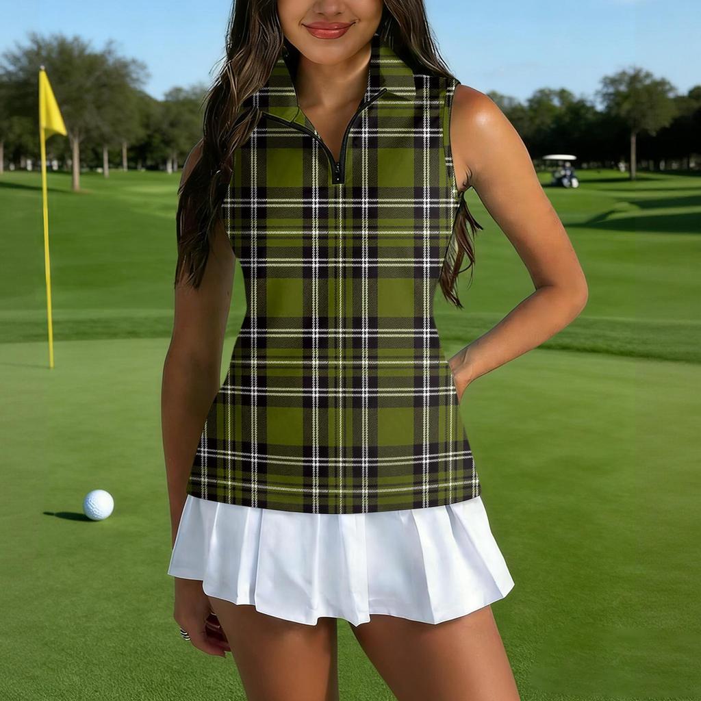 Dámské golfové polo bez rukávů se zipovým límcem, kostkovaný potisk, sportovní tílko pro sport a venkovní aktivity
